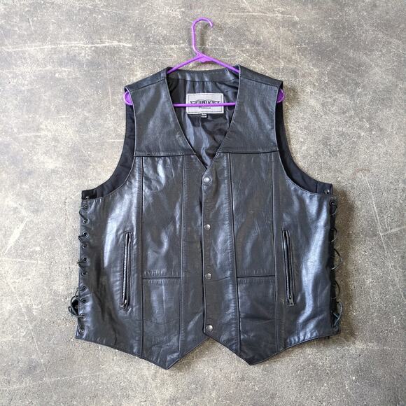 Unik Premium Leather Biker Vest Mens 3XL Black Snap Tie Side Motorcycle Retro - Picture 1 of 8